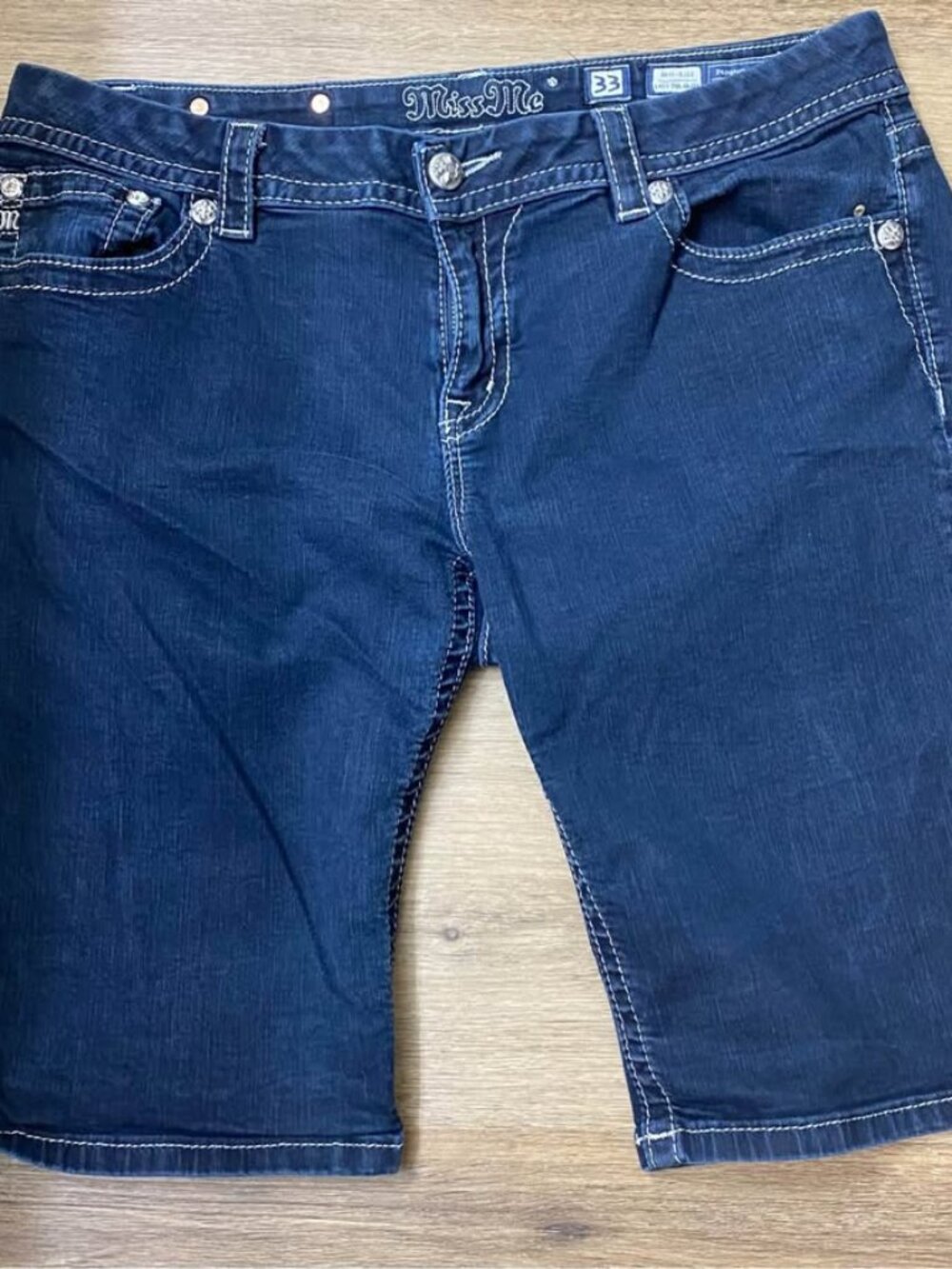 Miss Me Easy Bermuda Denim Shorts Size 33 Mid-Rise Dark Wash Rhinestone